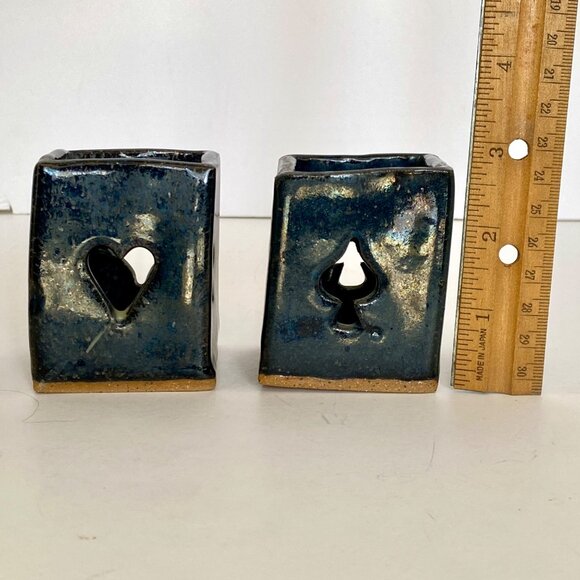 Raku Ceramic Playing Card Votive Candle Holders Heart Spade Diamond Club Set 2 - Picture 12 of 13